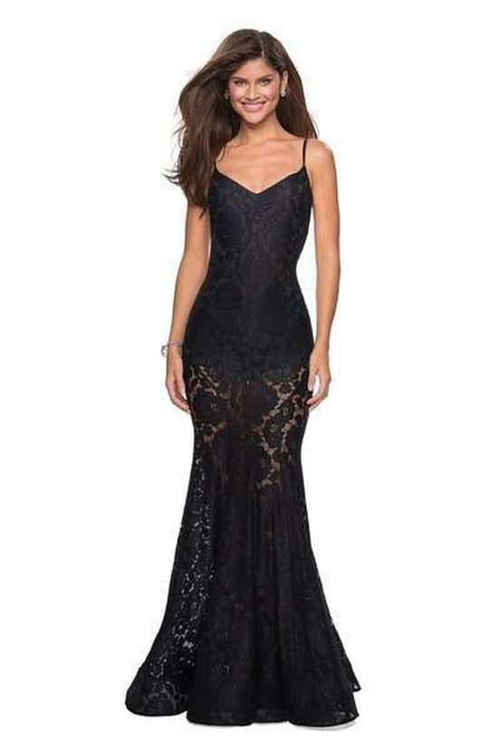 La Femme 27584 V-Neck Floral Lace Prom Dress