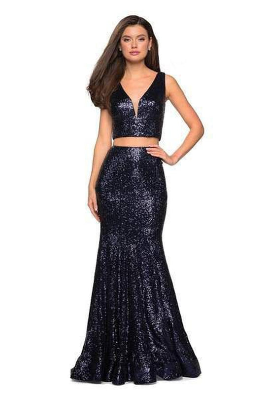 La Femme - 27590 Fully Sequined Deep V-neck Trumpet Dress