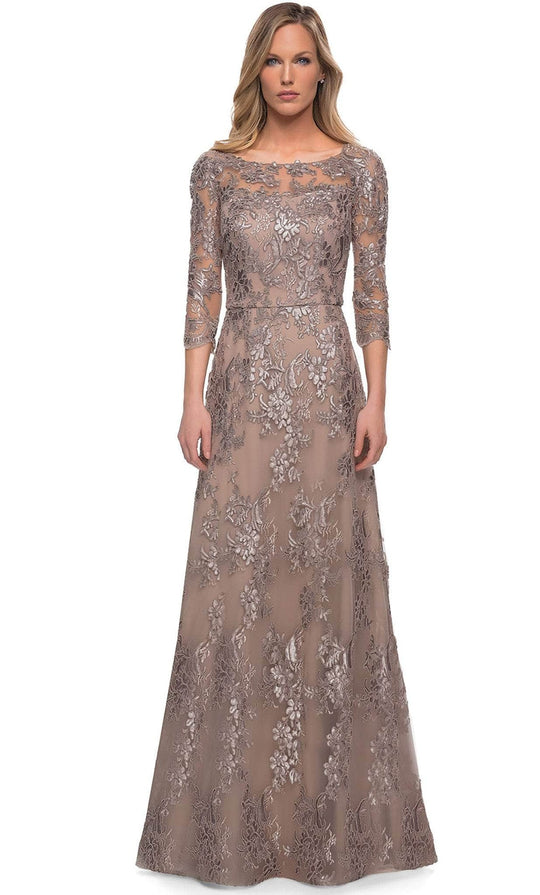 La Femme - 27885 Lace Quarter Length Sleeve Bateau A-line Dress