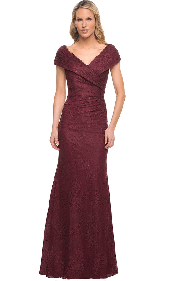La Femme - 27982 V Neck Off Shoulder Knit Lace Sheath Long Dress