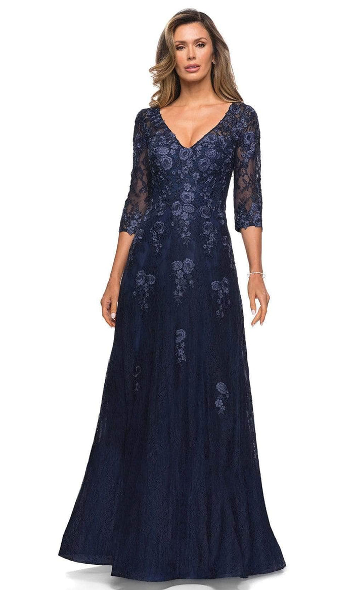 La Femme - 28000 V Neck Floral Lace A-Line Long Gown Mother of the Bride Dresses 4 / Navy