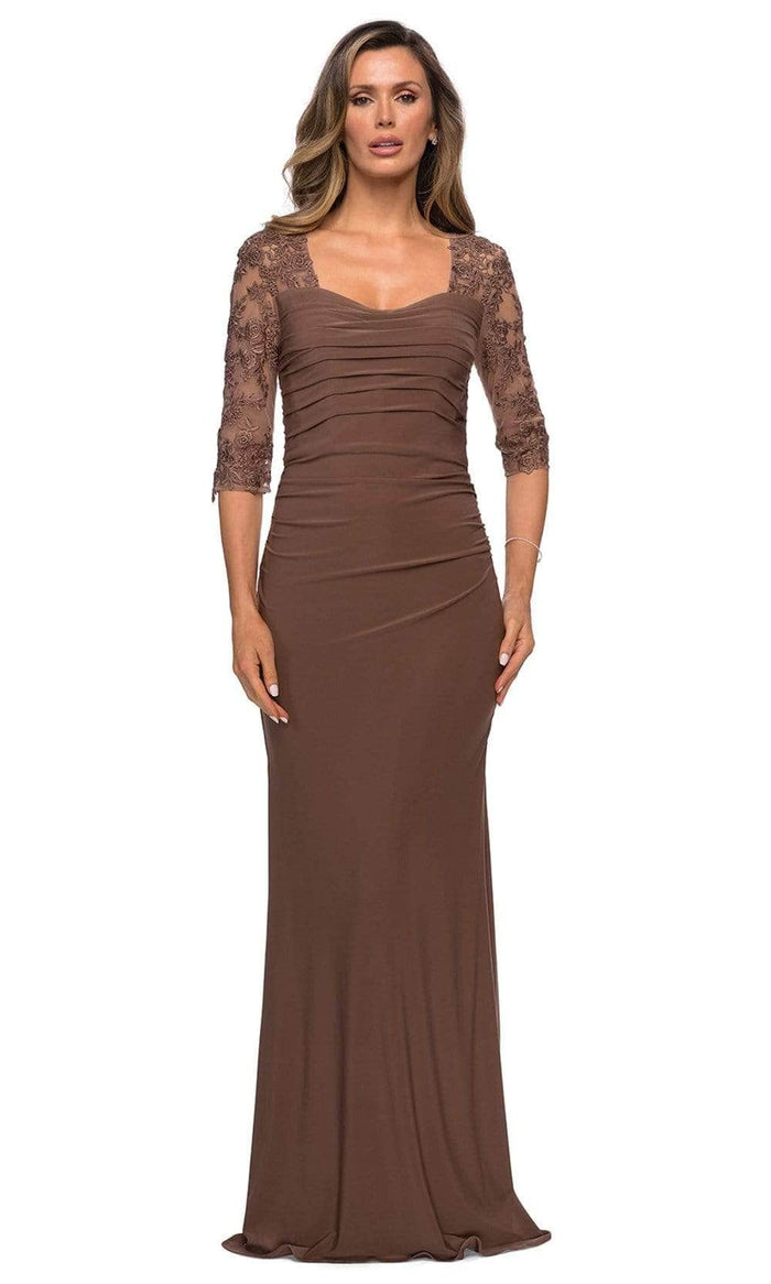 La Femme 28056SC - Embroidered Sheer Sleeve Ruched Formal Dress Mother of the Bride Dresses 12 / Cocoa