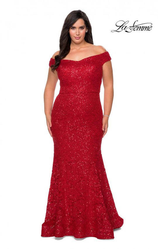 La Femme - 28883 Off-Shoulder Beaded Modest Prom Mermaid Gown