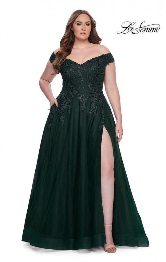 La Femme - 28950 Embroidered Off-Shoulder Modest Prom Gown