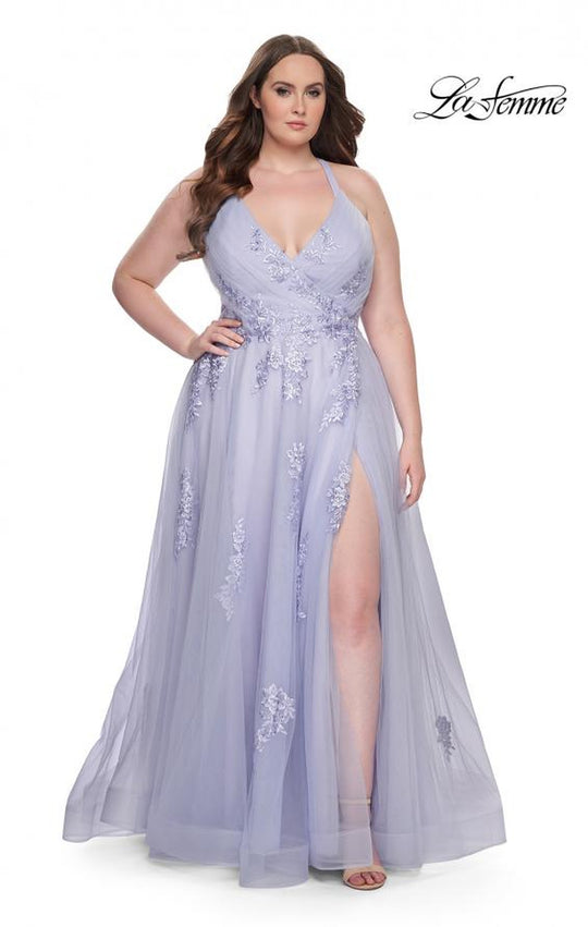 La Femme - 29021 Plunging V-neck Tulle Plus Size Prom Gown