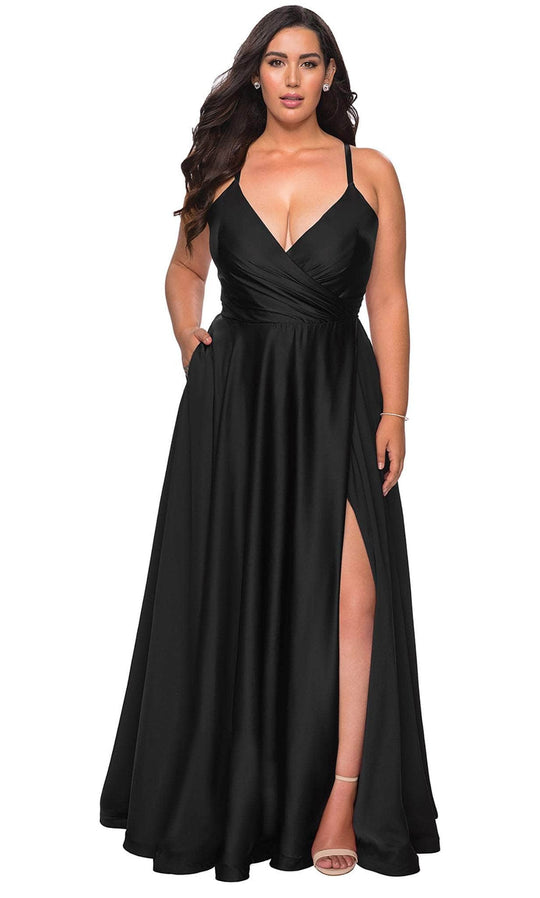 La Femme - 29033 Plunging V-neck Satin A-line Simple Prom Gown