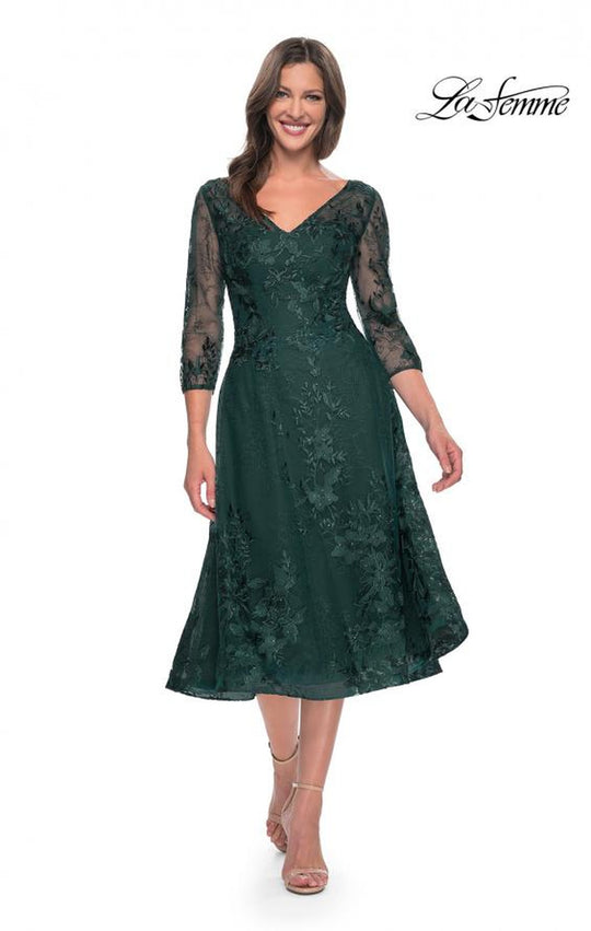 La Femme 30016 - Embroidered Lace V Neck Short Dress
