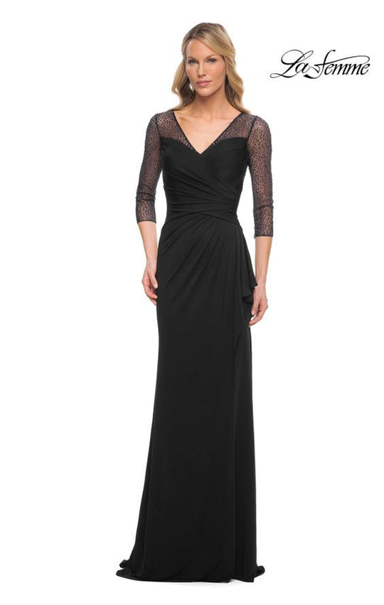 La Femme 30028 - Beaded Lace Sleeve Ruffled Long Dress
