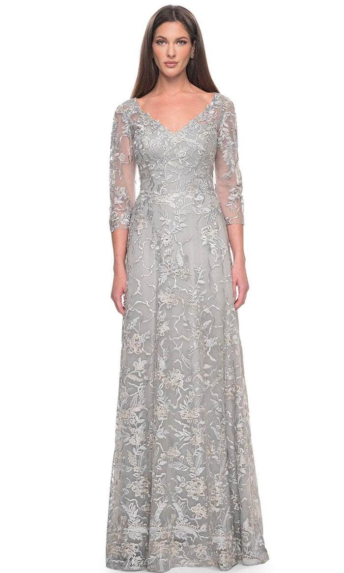 La Femme 30031 - V-Neck Illusion Formal Dress Mother of the Bride Dresses 2 / Silver