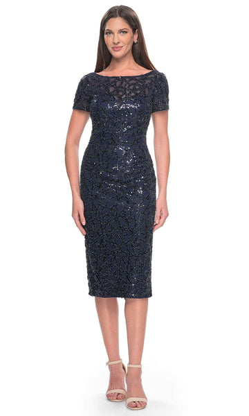 navy blue sequin dress with sleeves La Femme 30043 - Intricate Sequin Pattern Short Sleeve Dress 8 / Navy