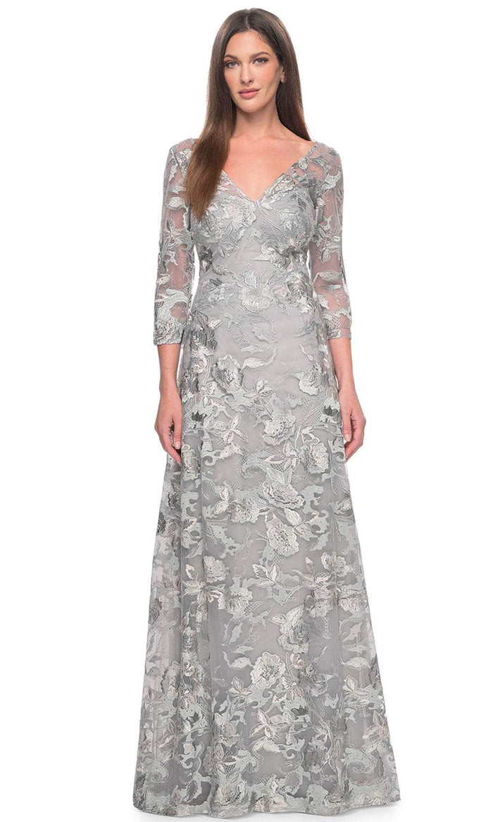 La Femme 30062 - Embroidered Quarter Sleeve Prom Gown Mother of the Bride Dresses 4 / Silver/Slate