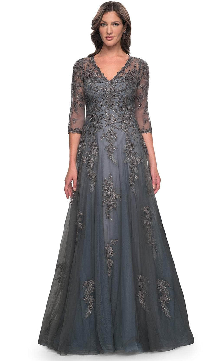 La Femme 30201 - V-Neck Embroidered Long Dress Mother of the Bride Dresses 4 / Gray
