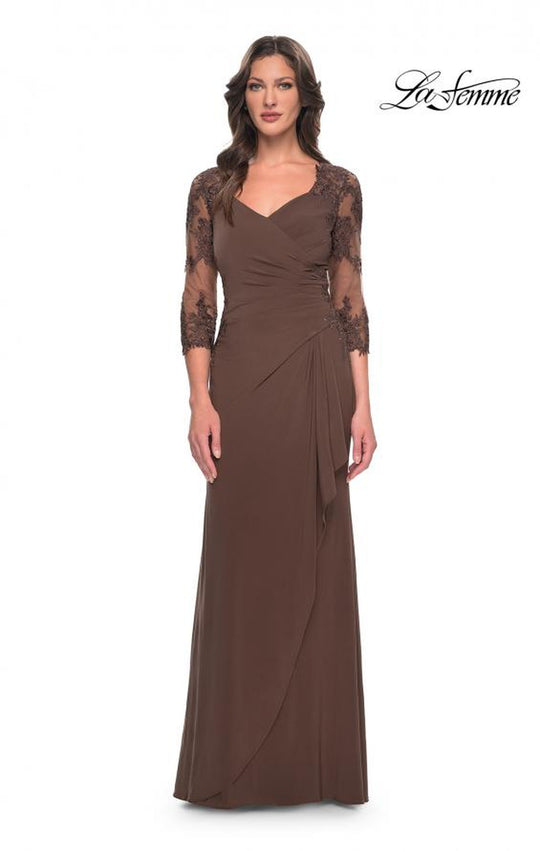 La Femme 30384 - Lace Covered Sleeves Net Jersey Gown