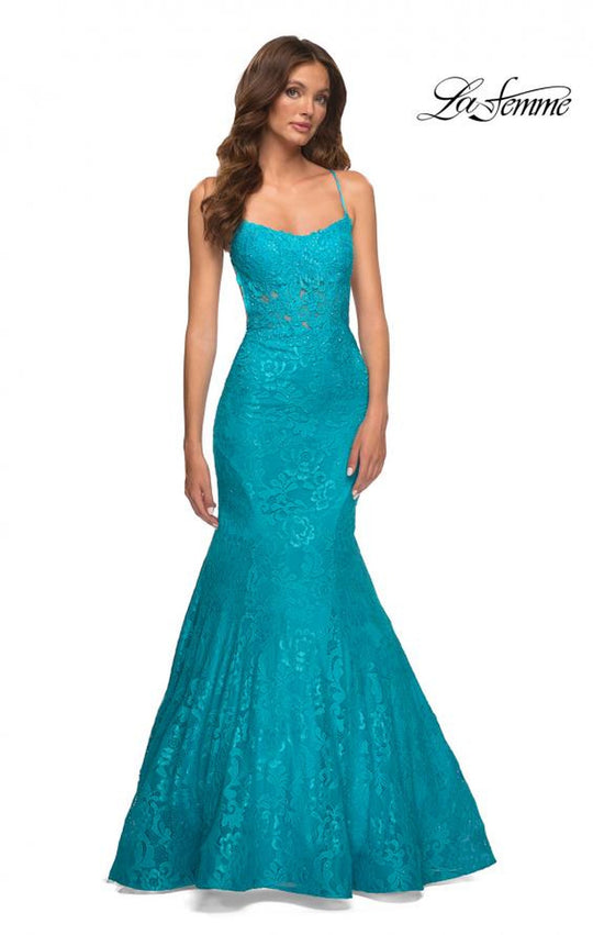 La Femme - 30612 Scoop Floral Lace Trumpet Dress