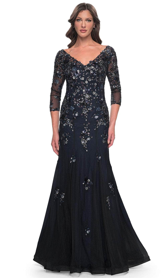 La Femme 30860 - Lace Applique Mermaid Prom Gown Mother of the Bride Dresses 4 / Black/Navy