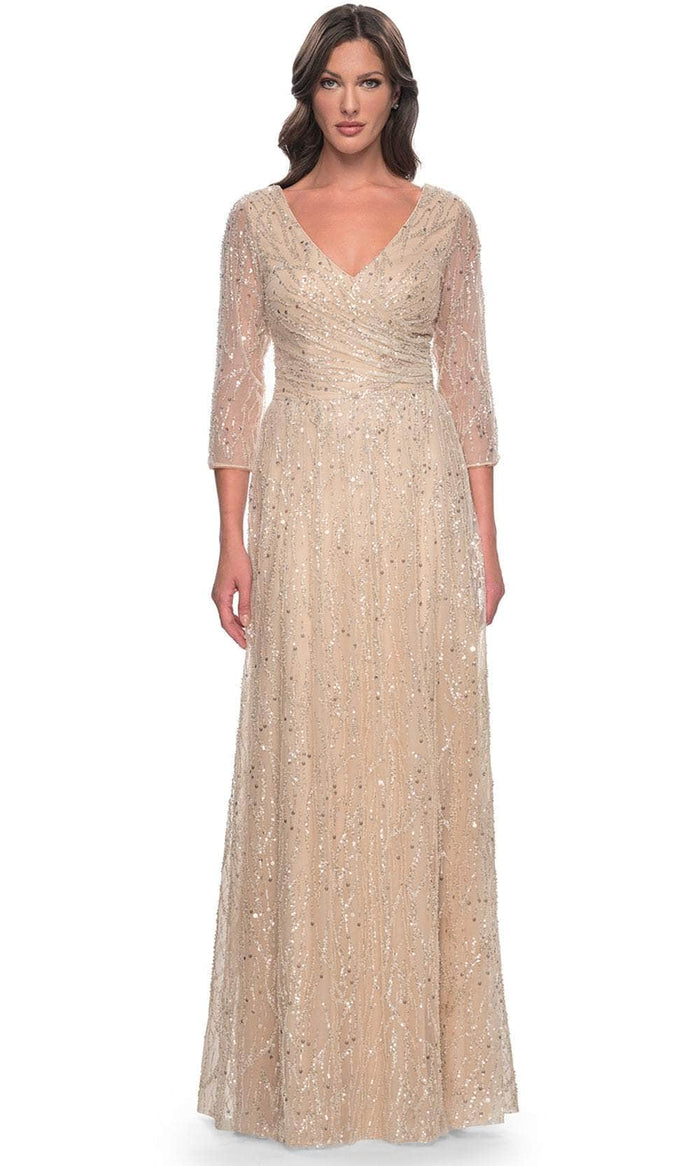 La Femme 30911 - V-Neck Embellished Formal Dress Mother of the Bride Dresses 2 / Champagne