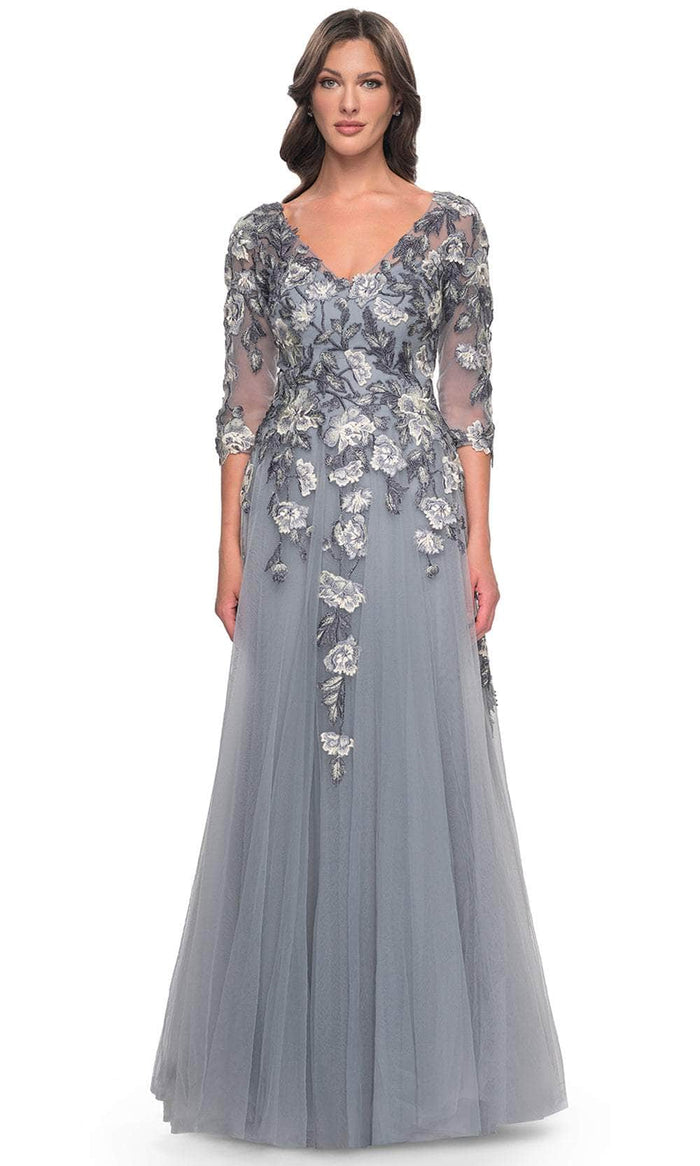 La Femme 30968 - Quarter Sleeve Embroidered Long Gown Mother of the Bride Dresses 2 / Slate Blue