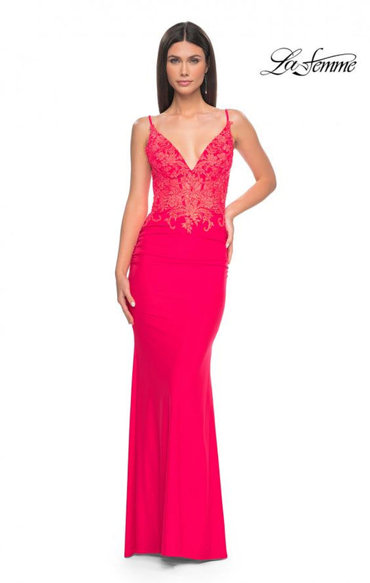 La Femme - 31128 V Neck Sheer Lace Long Dress