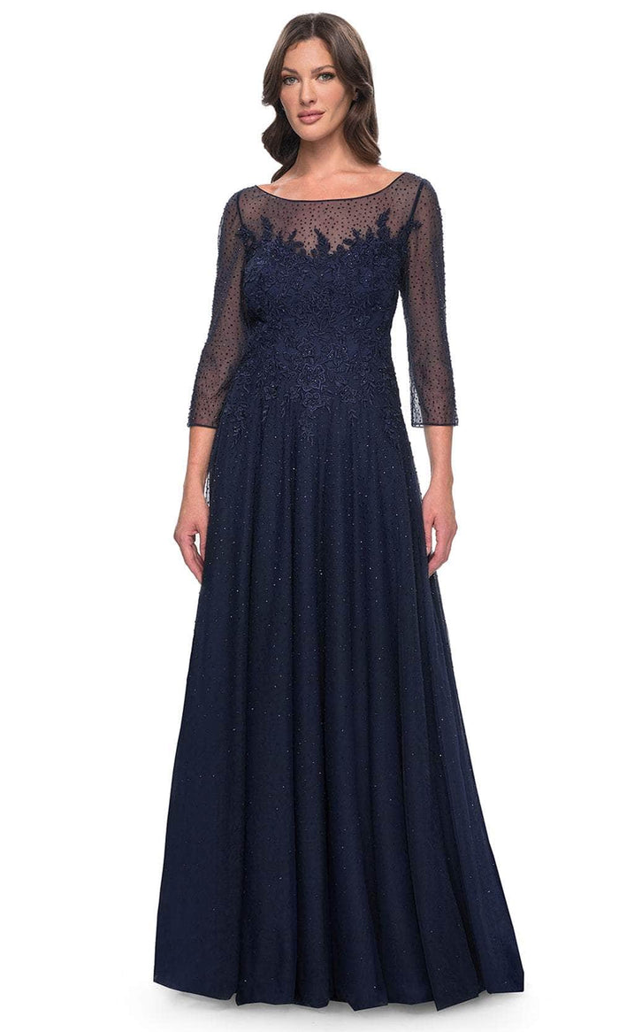 La Femme 31235 - Embroidered Embellished A-line Evening Gown Mother of the Bride Dresses 4 / Navy