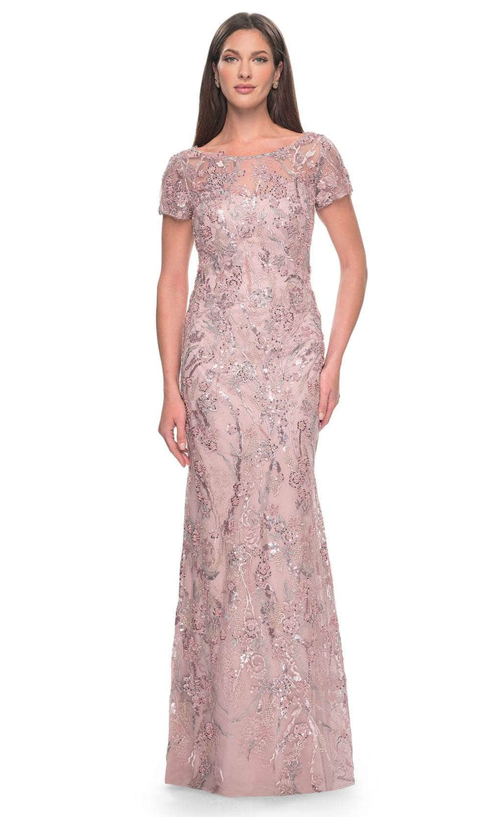 La Femme 31672 - Beaded Floral Patterned Short Sleeve Evening Dress Mother of the Bride Dresses 2 / Mauve