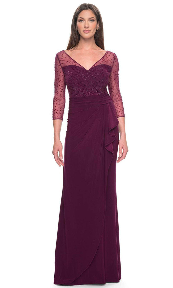 La Femme 31777 - Illusion V-Neck Rhinestone Formal Dress Evening Dresses 4 / Dark Berry
