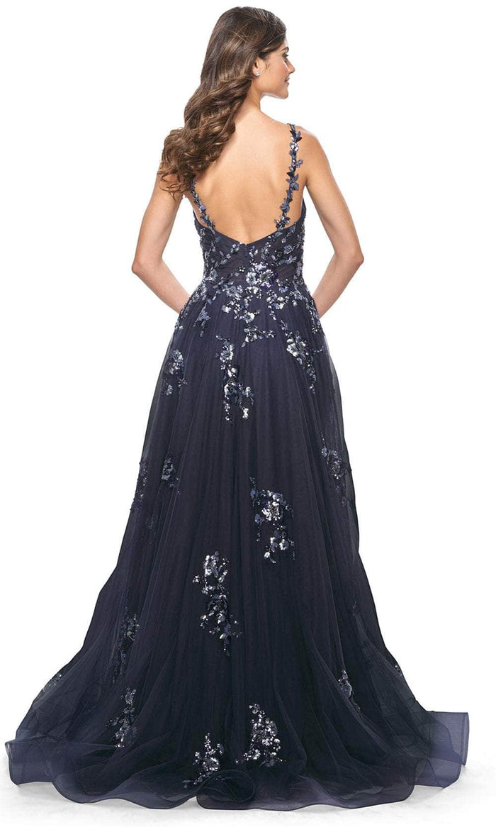 La Femme 31936 - Floral Applique V-Neck Prom Gown Evening Dresses 00 / Navy