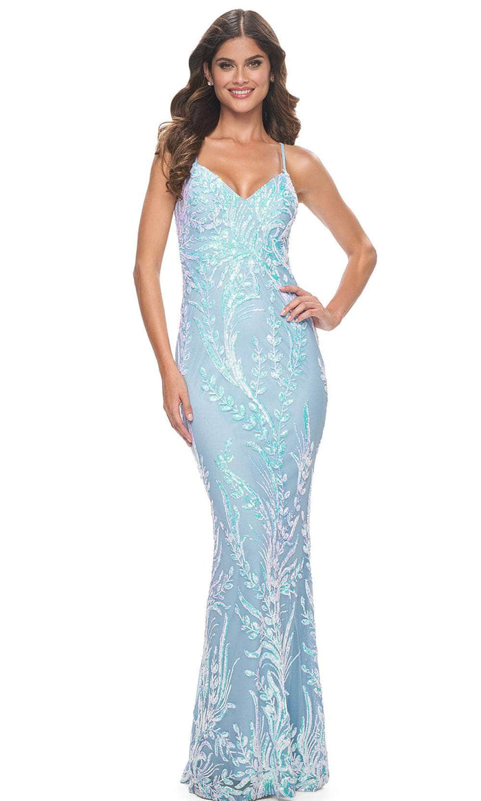 La Femme 31944 - V-Neck Leaf Sequin Prom Dress Evening Dresses 00 / Cloud Blue