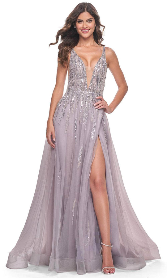 La Femme 31995 - Plunging V-Neck Sequin Tulle Prom Gown