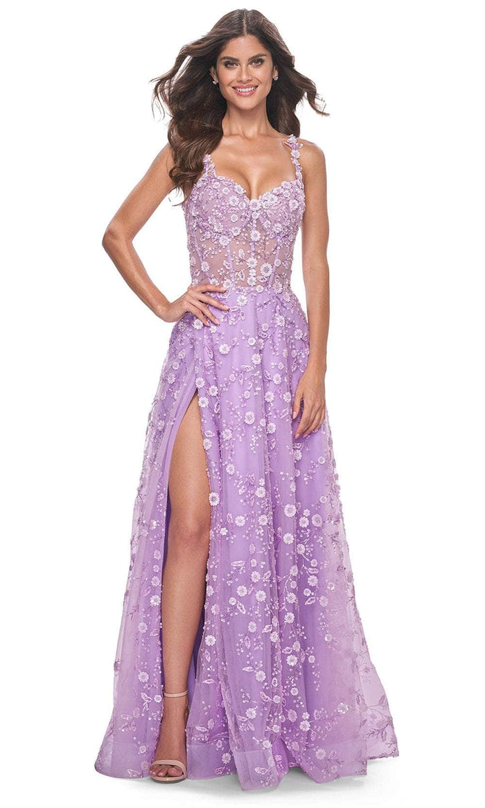 La Femme 31996 - Floral Festooned Prom Dress Evening Dresses 00 / Lavender