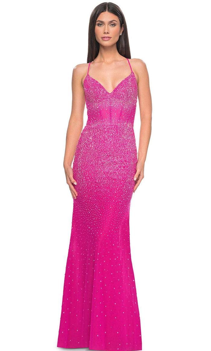 La Femme 32007 - V-Neck Rhinestone Embellished Prom Dress Evening Dresses 00 / Hot Fuchsia
