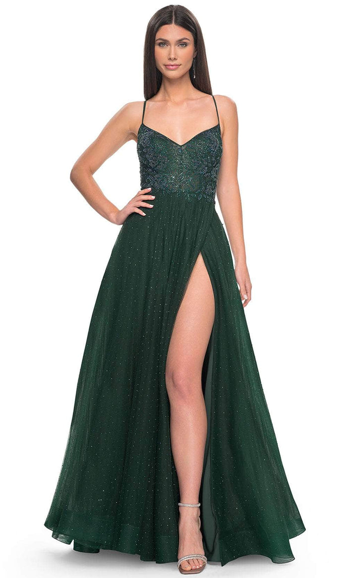 La Femme 32020 - Beaded Illusion Prom Dress Evening Dresses 00 / Dark Emerald