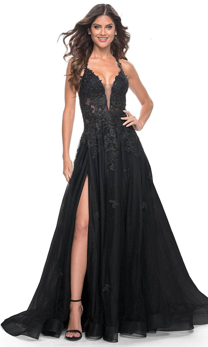 La Femme 32022 - Plunging Neckline Embroidered Prom Dress Prom Dresses 00 / Black