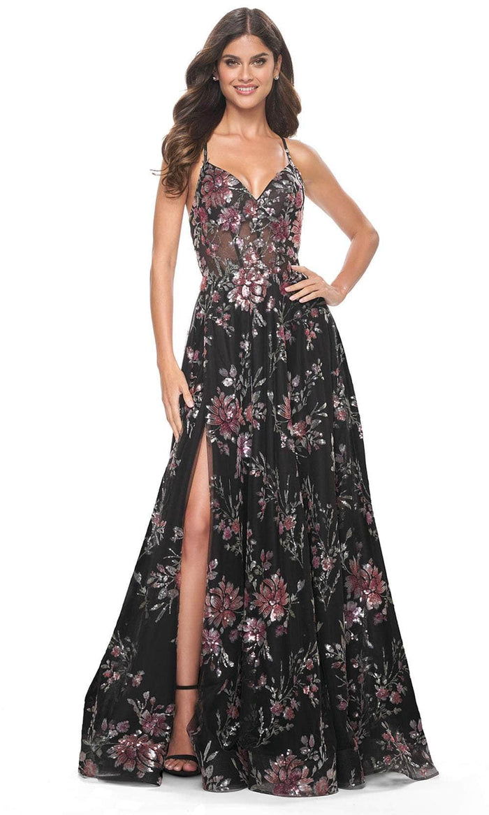 La Femme 32031 - V-Neck Floral Sequin Prom Gown Evening Dresses 00 / Black