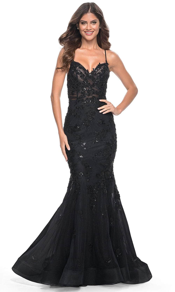 La Femme 32033 - Beaded Appliqued Mermaid Prom Dress Prom Dresses 00 / Black