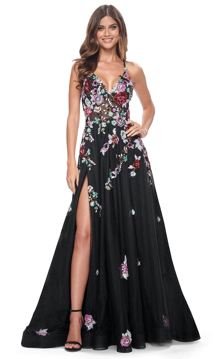 La Femme 32051 - Floral Sequin V-Neck Prom Gown Prom Dresses 00 / Black