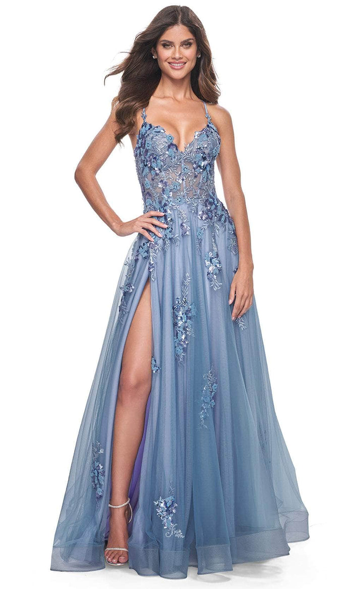 La Femme 32057 - Open Back Applique Embellished Prom Gown Prom Dresses 00 / Slate Blue
