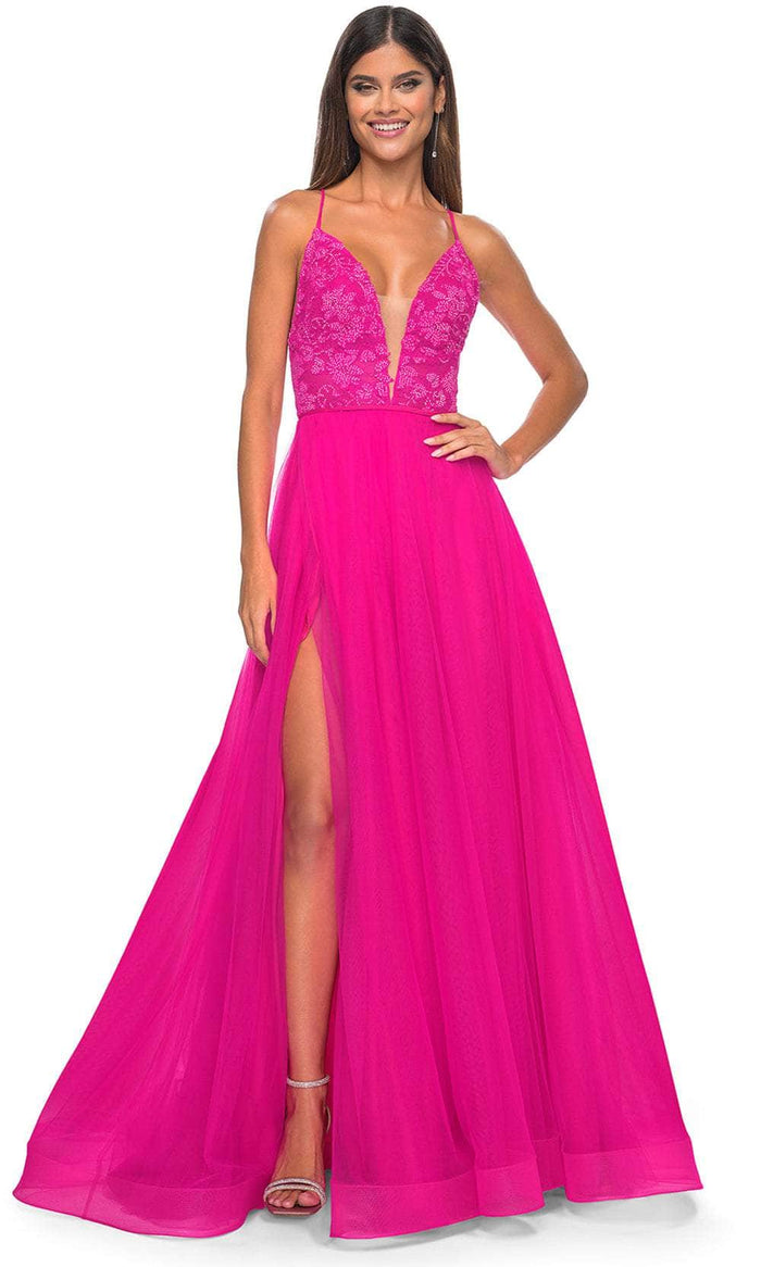 La Femme 32059 - Plunging Applique Prom Dress Evening Dresses 00 / Hot Fuchsia