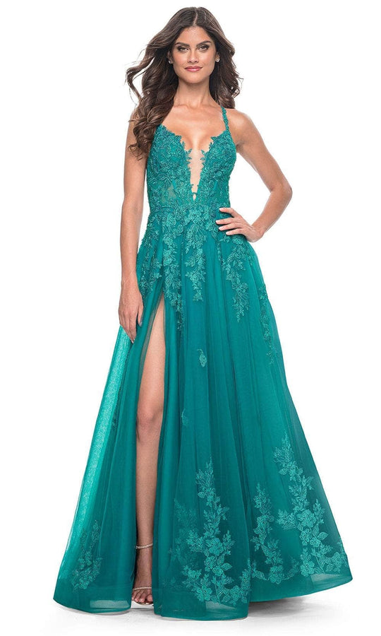 La Femme 32062 - Plunging Lace Applique Prom Gown