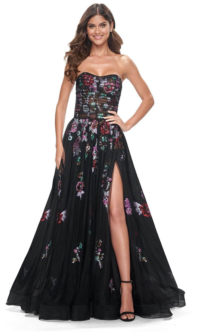 La Femme 32072 - Strapless Floral Sequin Embellished Prom Gown Prom Dresses 00 / Black