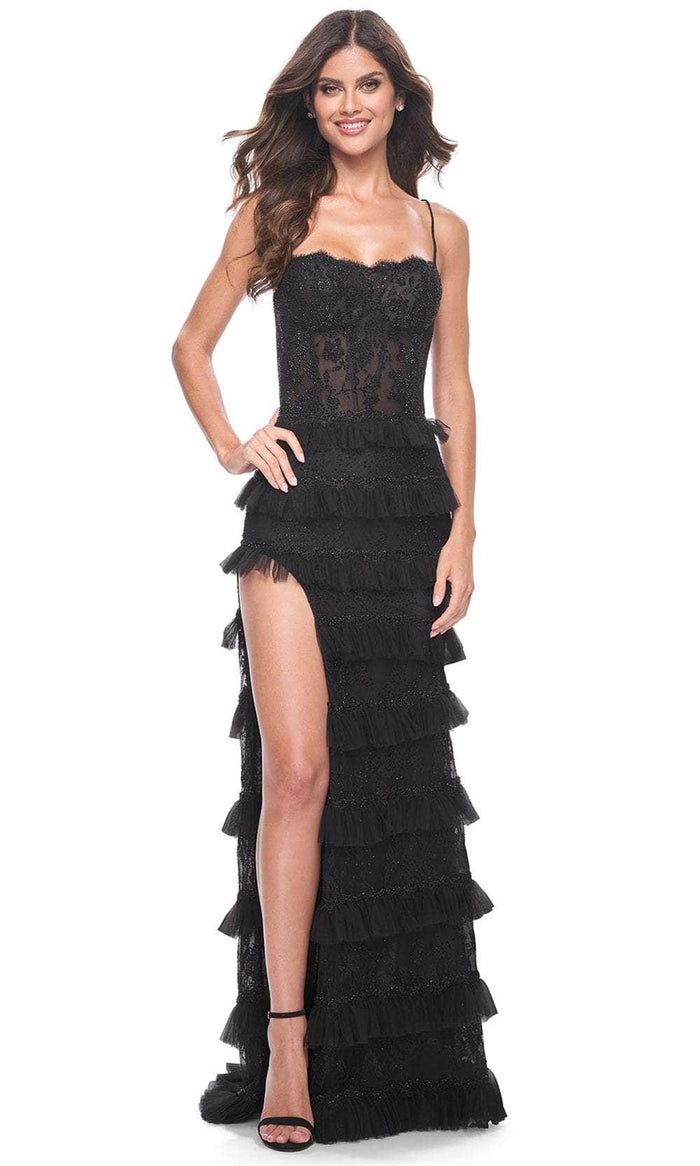 La Femme 32113 - Straight Across Scalloped Lace Prom Gown Evening Dresses 00 / Black