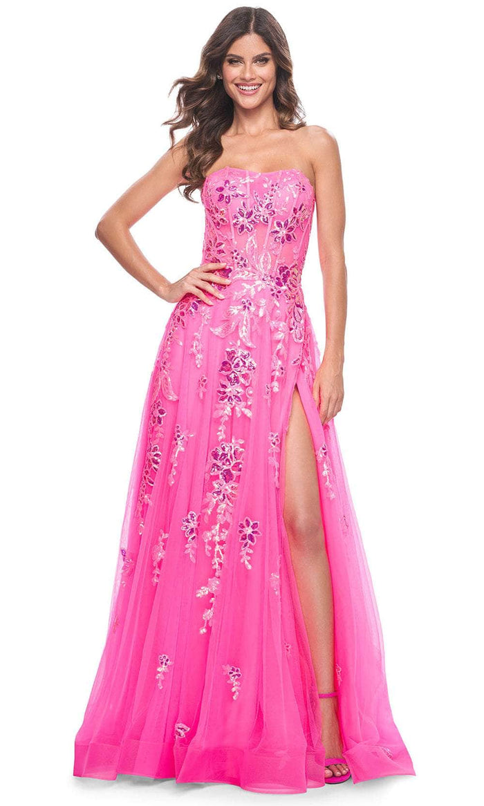 La Femme 32137 - Strapless Sequin Floral Prom Gown Prom Dresses 00 / Neon Pink