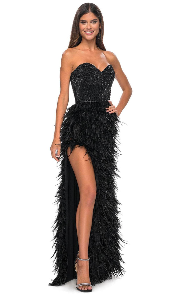 La Femme 32165 - Sweetheart Feather Skirt Prom Gown Prom Dresses 00 / Black