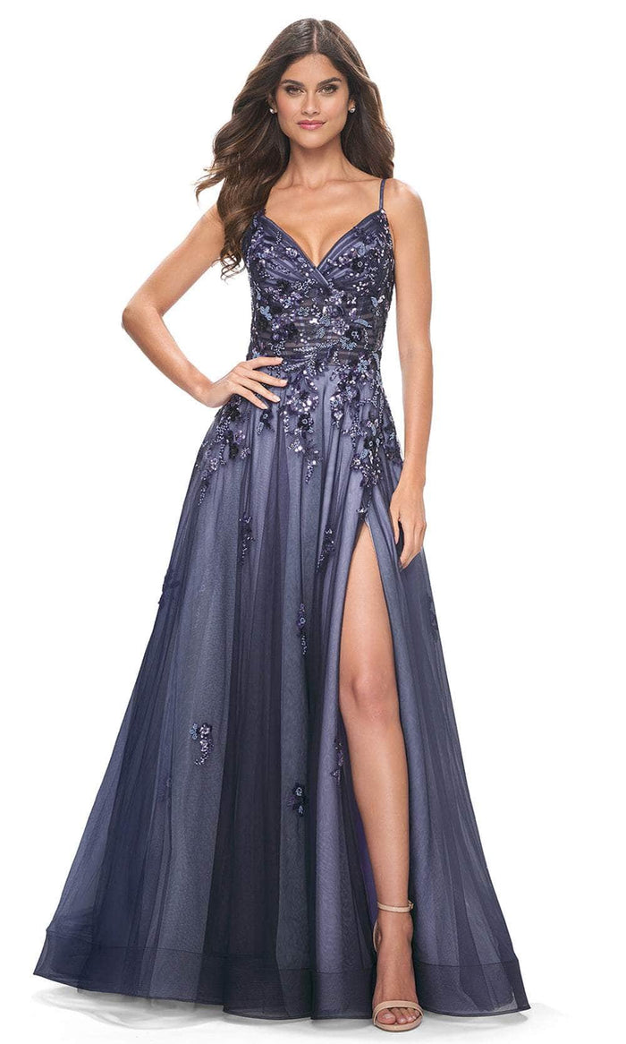 La Femme 32185 - Sequin Embellished A-Line Prom Gown Prom Dresses 00 / Navy