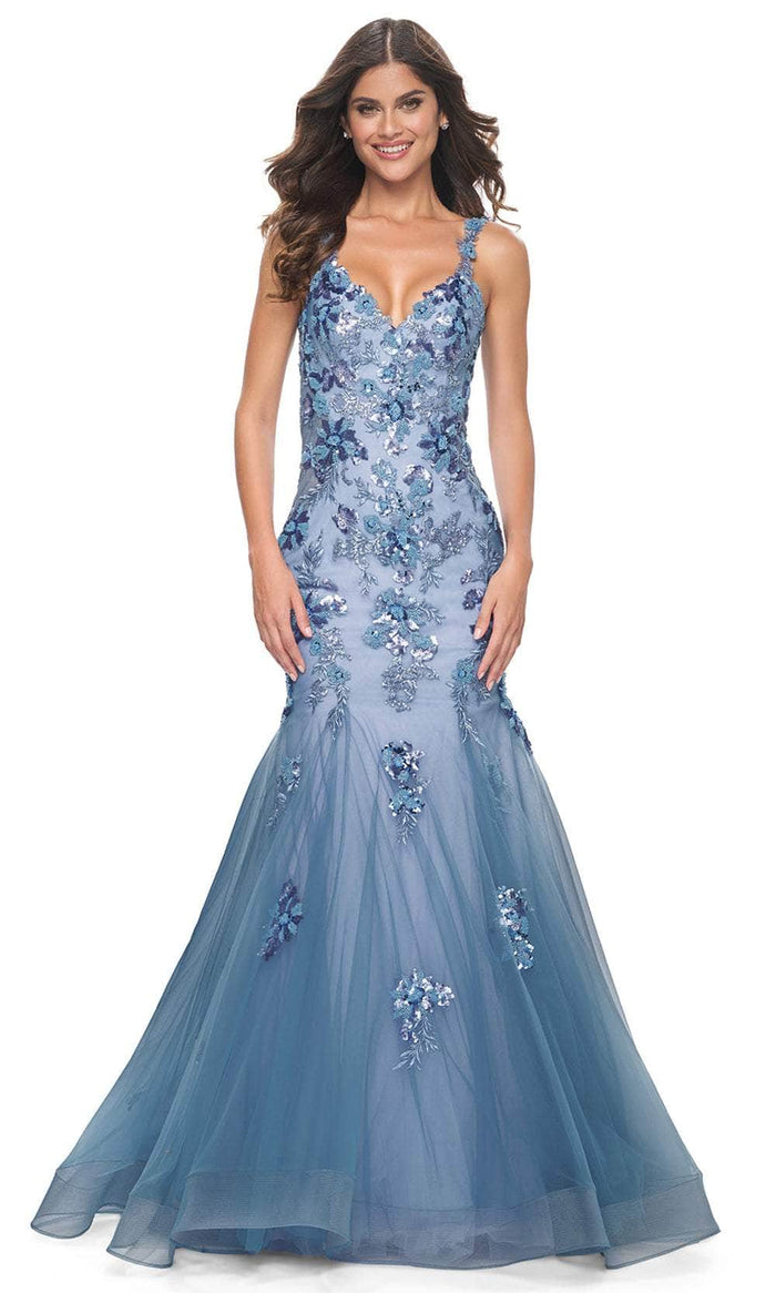 La Femme 32192 - Floral Applique Open Back Prom Gown Prom Dresses 00 / Slate Blue