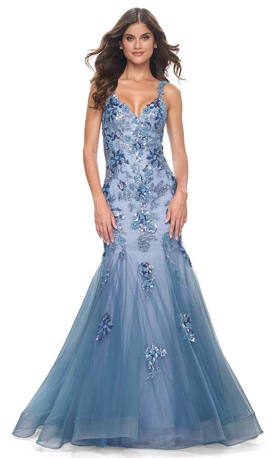 La Femme 32192 - Floral Applique Open Back Prom Gown