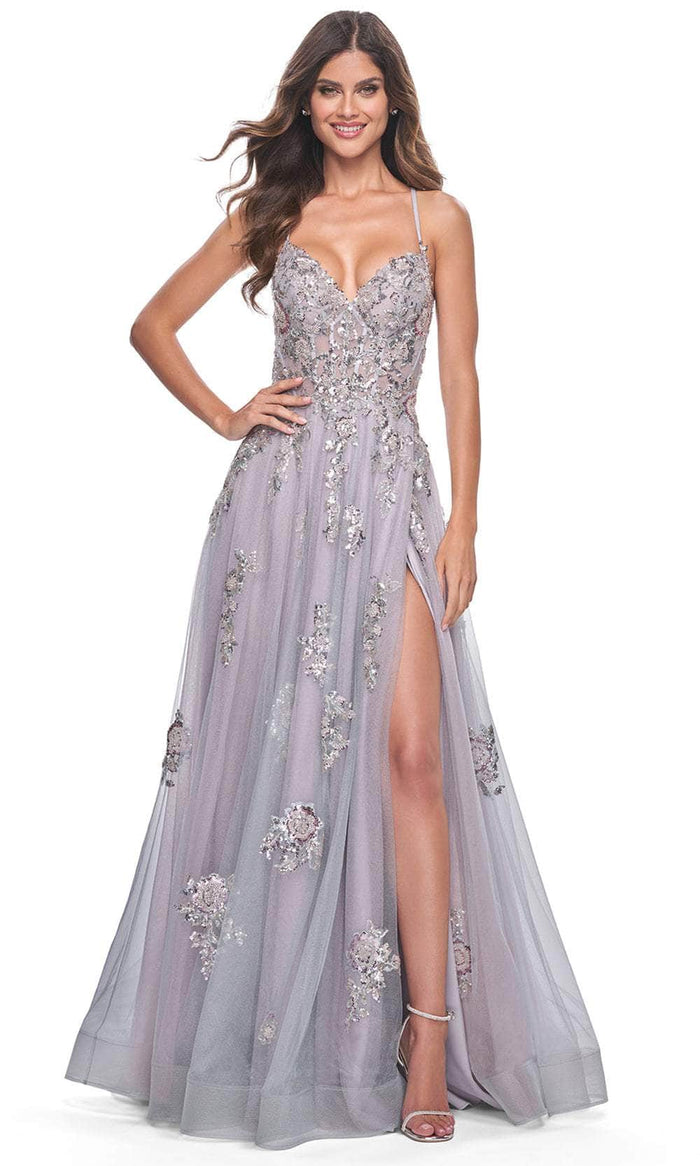 La Femme 32200 - Sequin Embellished Sleeveless Prom Gown Prom Dresses 00 / Lavender/Gray