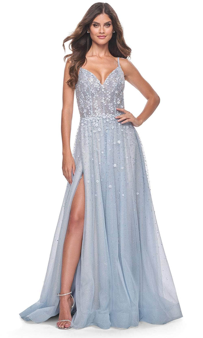 La Femme 32215 - V-Back Floral Appliqued Prom Gown Prom Dresses 00 / Light Blue