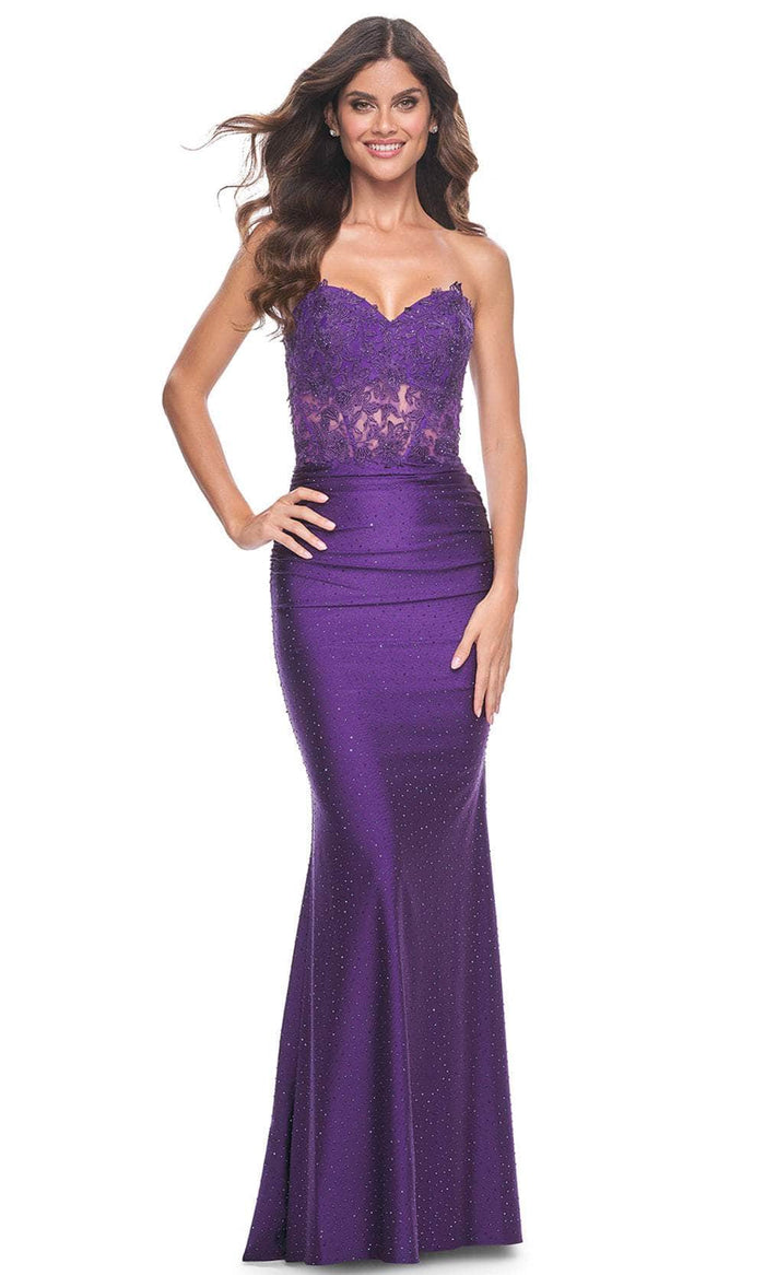 La Femme 32254 - Embroidered Corset Strapless Prom Gown Prom Dresses 00 / Royal Purple