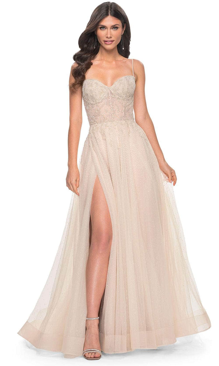 La Femme 32271 - Rhinestone Embellished A-Line Prom Gown Prom Dresses 00 / Champagne
