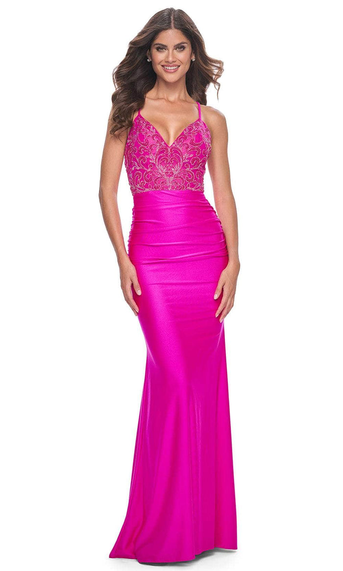 La Femme 32324 - Bead Embellished V-Neck Prom Gown Evening Dresses 00 / Hot Fuchsia